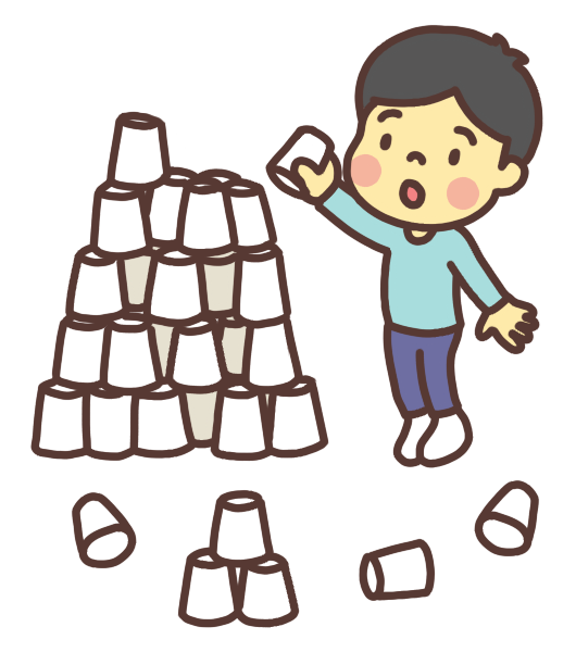 紙コップタワーを作って遊ぶ男の子のイラスト
