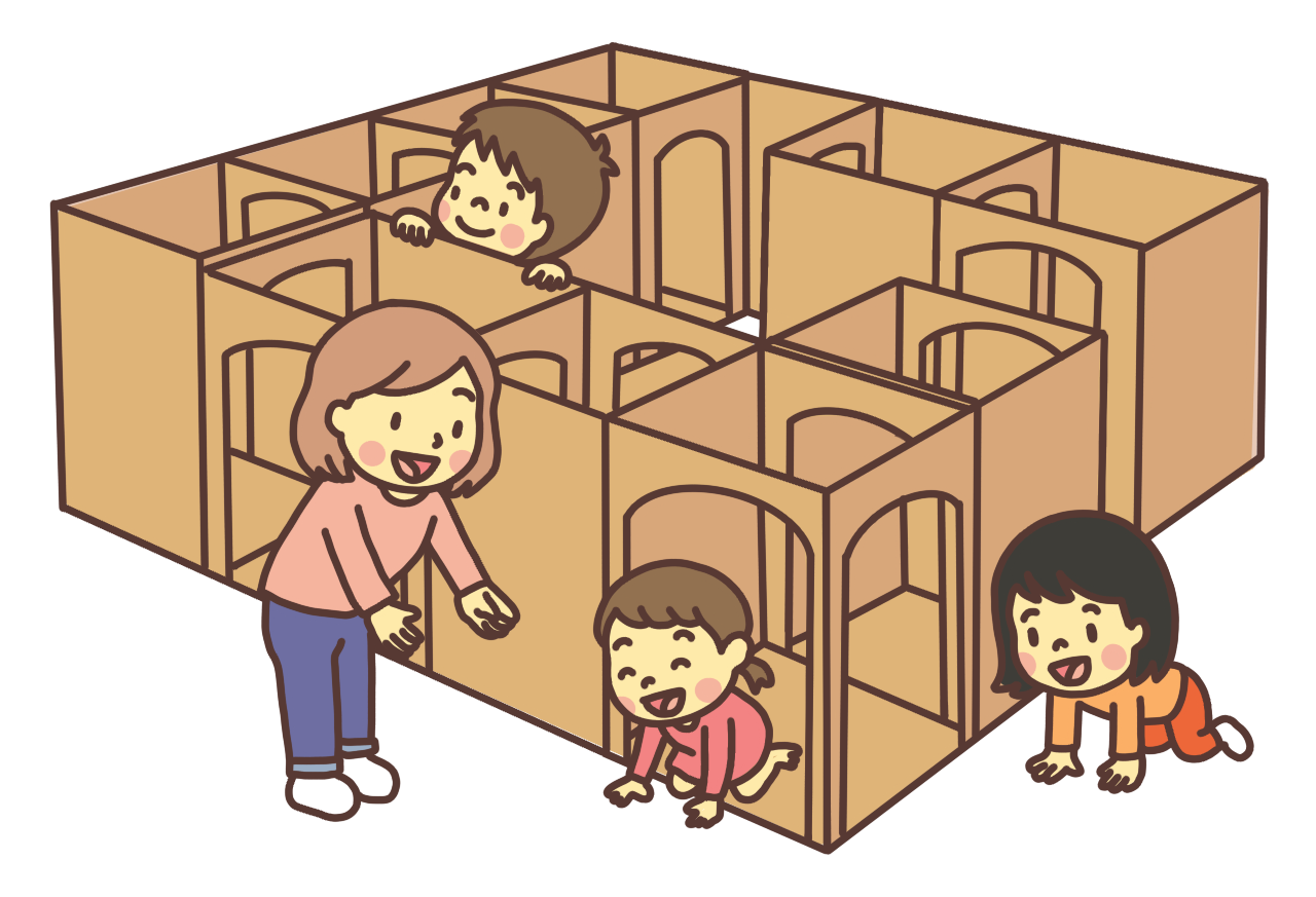 ダンボール迷路で遊ぶ子どものイラスト