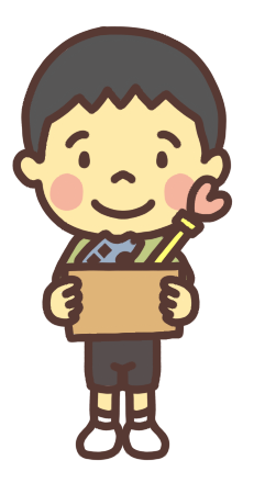 箱に入れたおもちゃを持っている男の子のイラスト