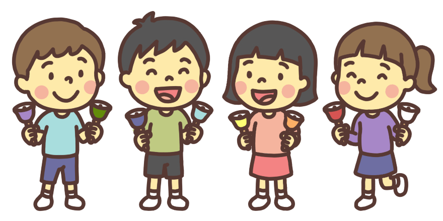 4人でハンドベルを演奏する子ども達のイラスト