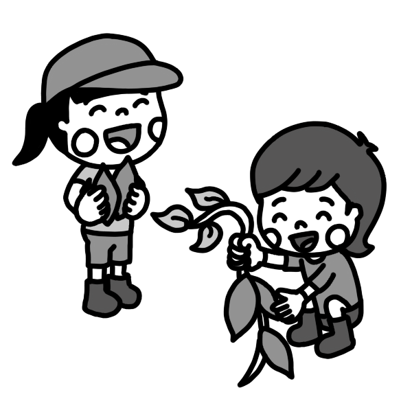芋掘りをする子ども達のイラスト 白黒