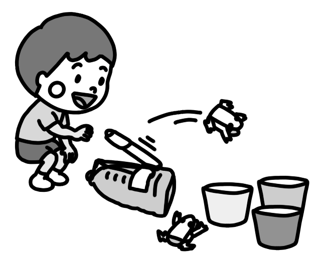 カエル飛ばしゲームをして遊ぶ子どものイラスト 白黒