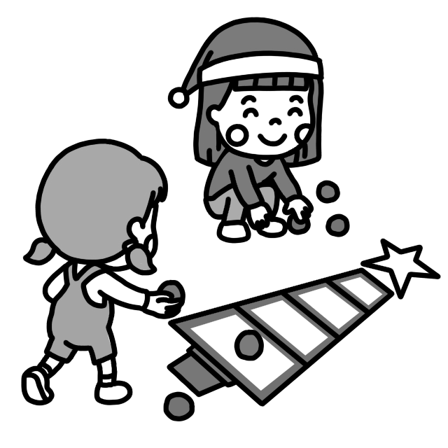 クリスマスボッチャゲームをして遊ぶ子どものイラスト 白黒