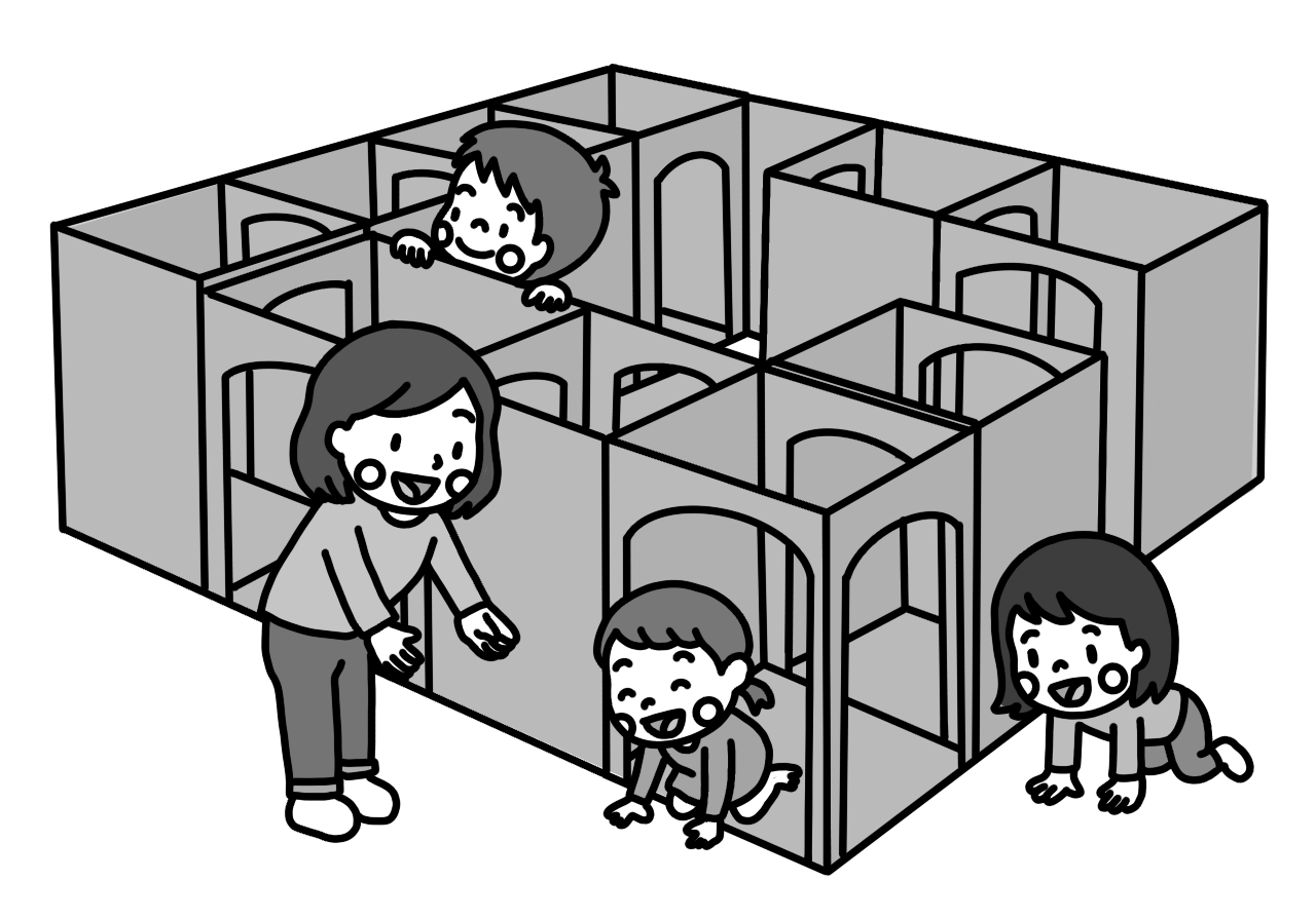 ダンボール迷路で遊ぶ子どものイラスト 白黒