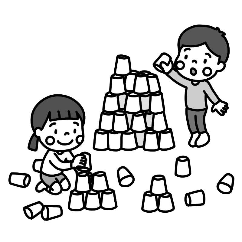 紙コップタワーを作って遊ぶ子ども達のイラスト