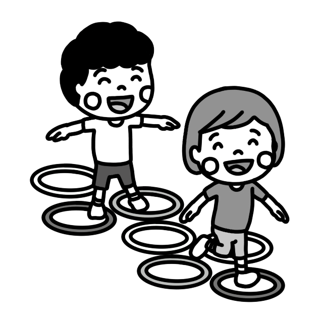 ケンケンパをして遊ぶ子どものイラスト 白黒