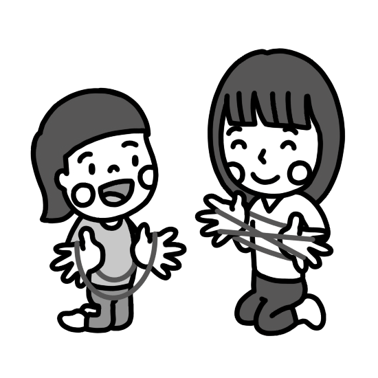 「あやとり」で遊ぶ親子のイラスト 白黒