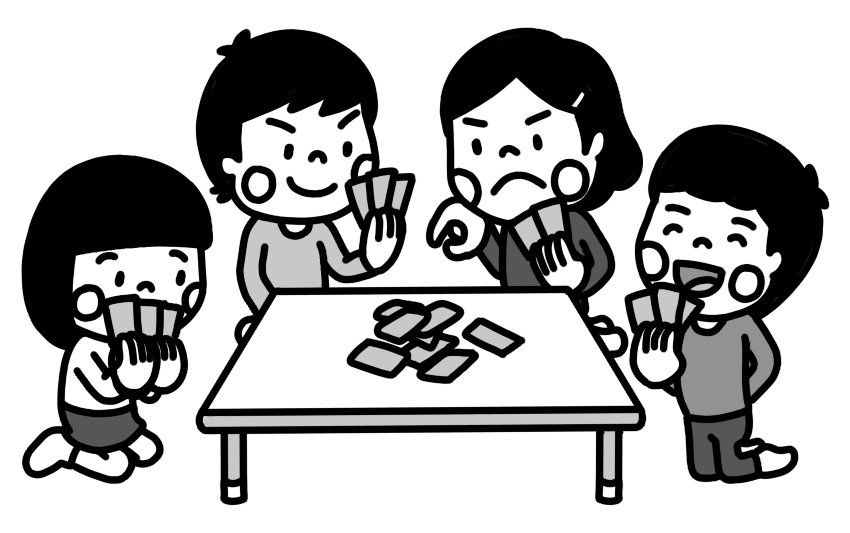 トランプで遊ぶ子どものイラスト 白黒
