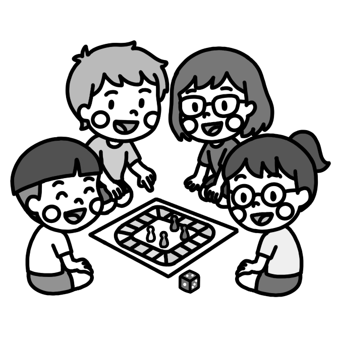 ボードゲームで遊ぶ子ども達のイラスト 白黒