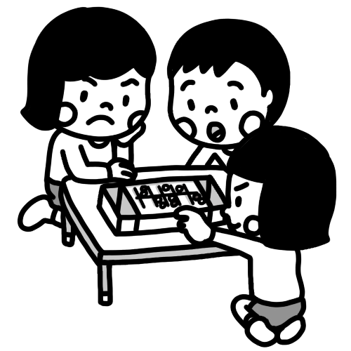 マンカラで遊ぶ子ども達のイラスト 白黒