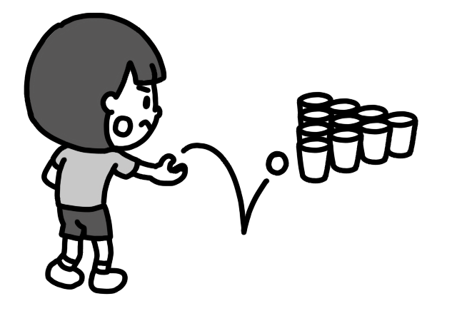 「ピンポンカップインゲーム」で遊ぶ子どものイラスト 白黒