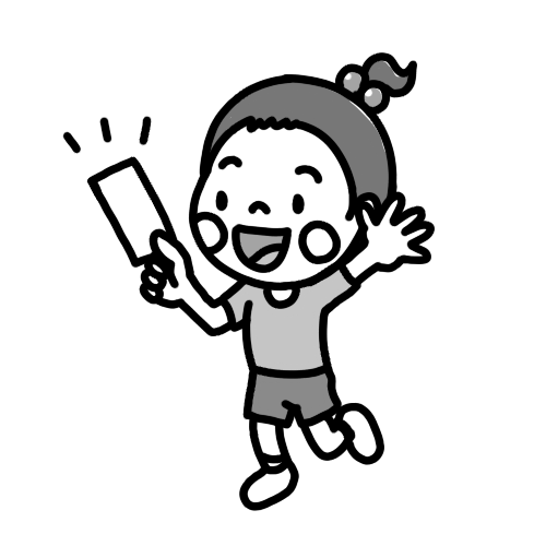 当たりくじを引いて喜ぶ子どものイラスト 白黒