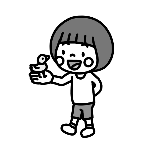 手に小鳥を乗せた子どものイラスト モノクロ