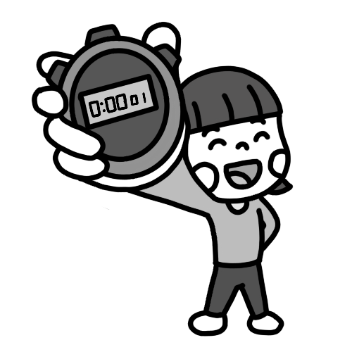 ストップウォッチゲームの記録を見せて喜ぶ女の子のイラスト 白黒