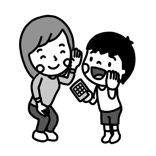 耳打ちでゲームの答えを教えてくれる子どものイラスト 白黒