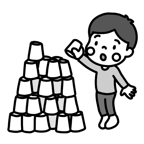 紙コップタワーを作って遊ぶ男の子のイラスト 白黒