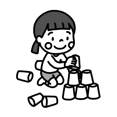 紙コップタワーを作って遊ぶ女の子のイラスト 白黒