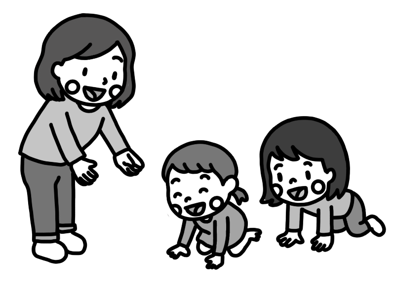 ハイハイする幼児と子どもを見守る母親のイラスト 白黒
