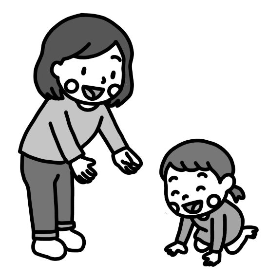 ハイハイする幼児を見守る母親のイラスト 白黒