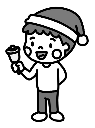 クリスマスの帽子を被って鈴を鳴らす子どものイラスト 白黒