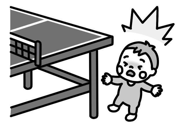 卓球台に頭をぶつける幼児のイラスト 白黒