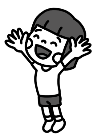 バンザイして飛び上がって喜ぶ女の子のイラスト 白黒