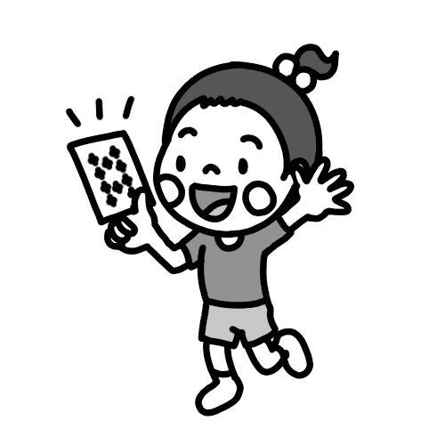 トランプを引いて喜ぶ女の子のイラスト 白黒