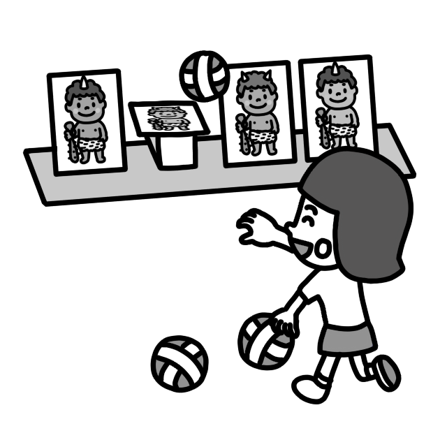 鬼の的当てゲームを遊ぶ子どものイラスト 白黒