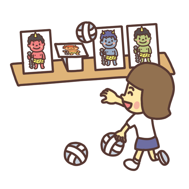 鬼の的当てゲームを遊ぶ子どものイラスト