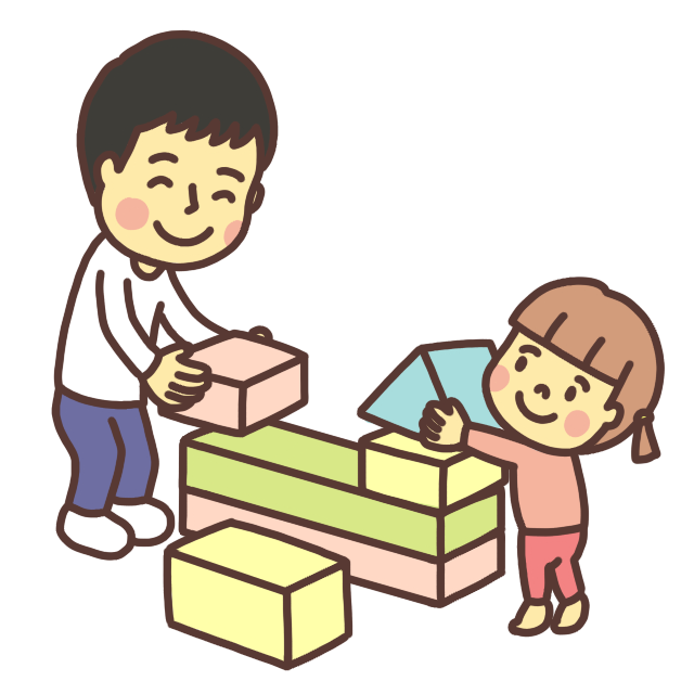 大型ブロックで遊ぶ親子のイラスト