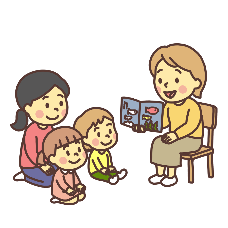 絵本の読み聞かせボランティアの女性と同じを聞く親子のイラスト