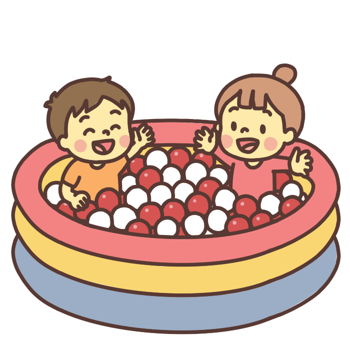 紅白のボールプールで遊ぶ幼児のイラスト