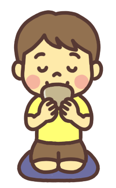 両手で持ったお茶碗でお茶を飲む男の子のイラスト