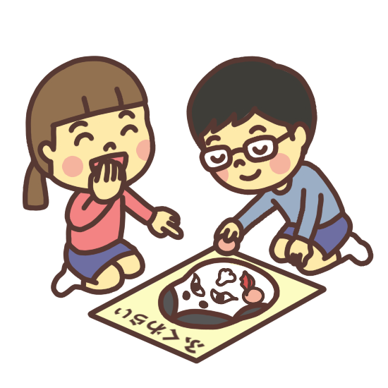 「福笑い」で遊ぶ子どものイラスト