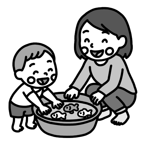 タライで水遊びをする幼児親子のイラスト 白黒