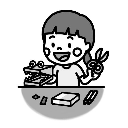 廃材で工作をする子どものイラスト 白黒