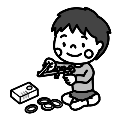 「割りばし鉄砲」を作る子どものイラスト 白黒