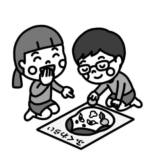 「福笑い」で遊ぶ子どものイラスト 白黒