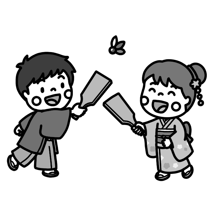 羽付きをして遊ぶ子どものイラスト 白黒