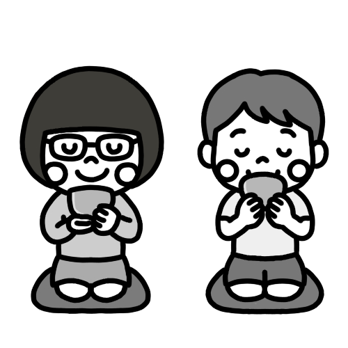 お茶会でお茶を飲む子どものイラスト 白黒