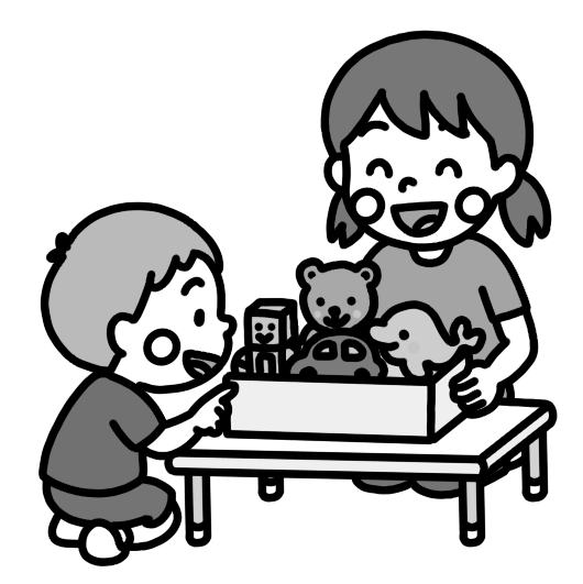 子ども祭りのおもちゃ屋さんコーナーのイラスト 白黒