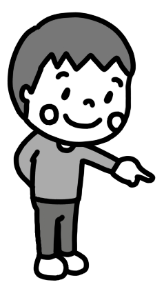右下を指す男の子のイラスト 白黒