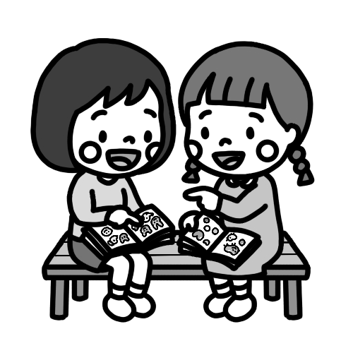 シール交換する子ども(女の子)のイラスト モノクロ