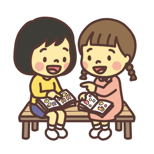 シール交換する子ども(女の子)のイラスト