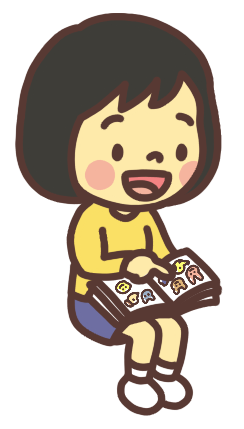 シール帳を膝に乗せてシール帳を指差す女の子のイラスト