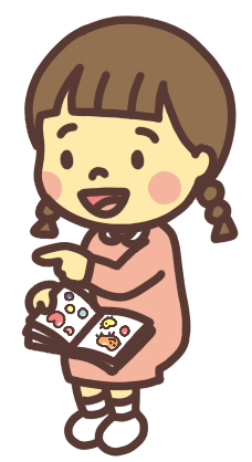 シール帳を膝に乗せて友達の持っている欲しいシールを指差す女の子のイラスト