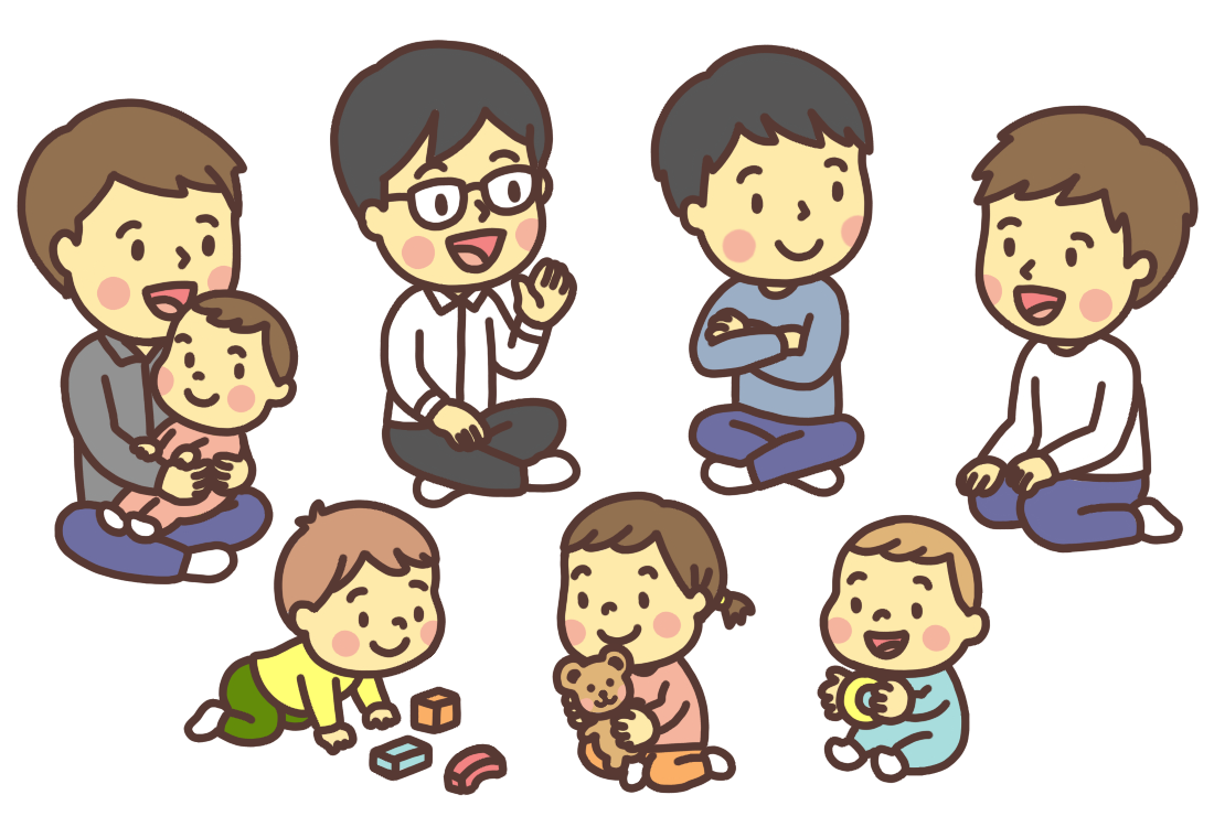 4人の父親（親子）が輪になって話をするイラスト 子ども離れる