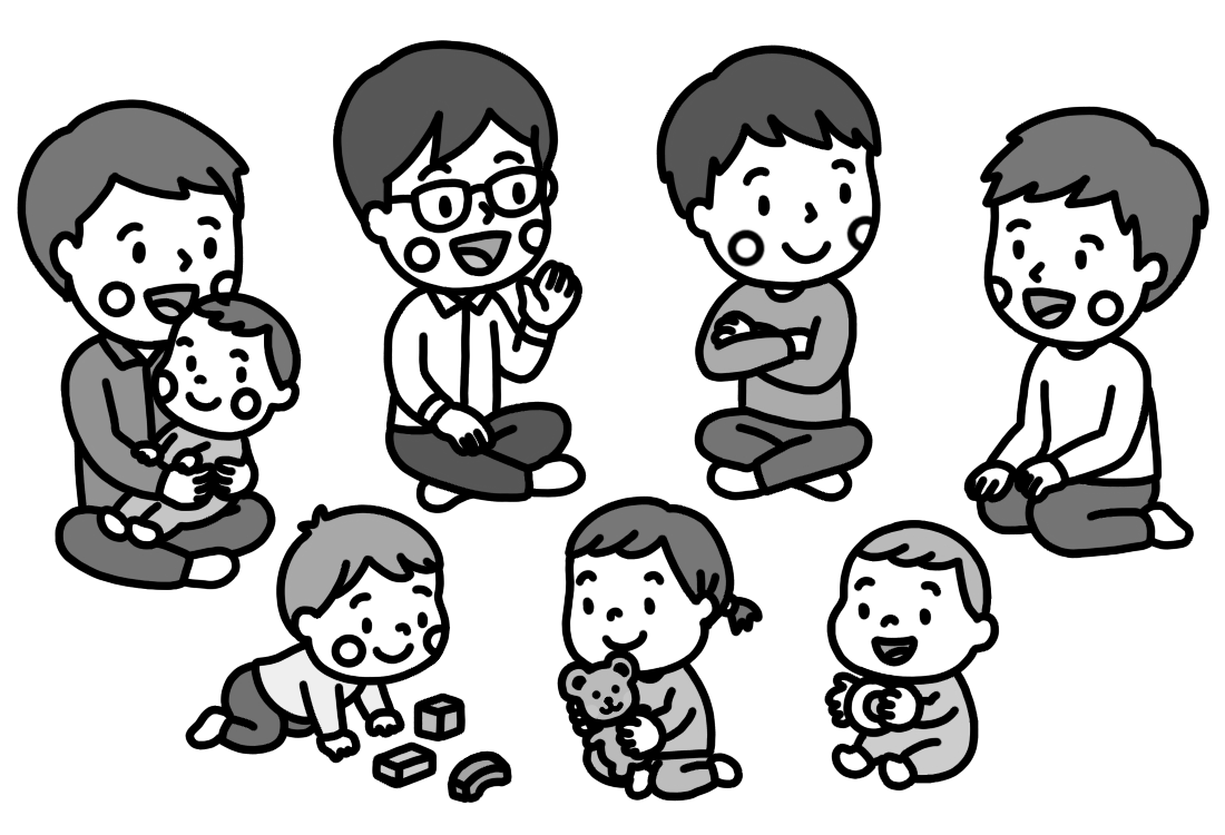 4人の父親（親子）が輪になって話をするイラスト 子ども離れる モノクロ