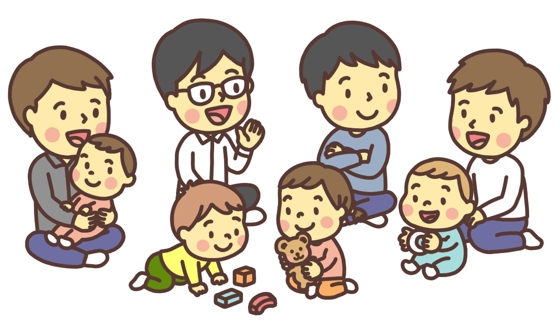 4人の父親（親子）が輪になって話をするイラスト