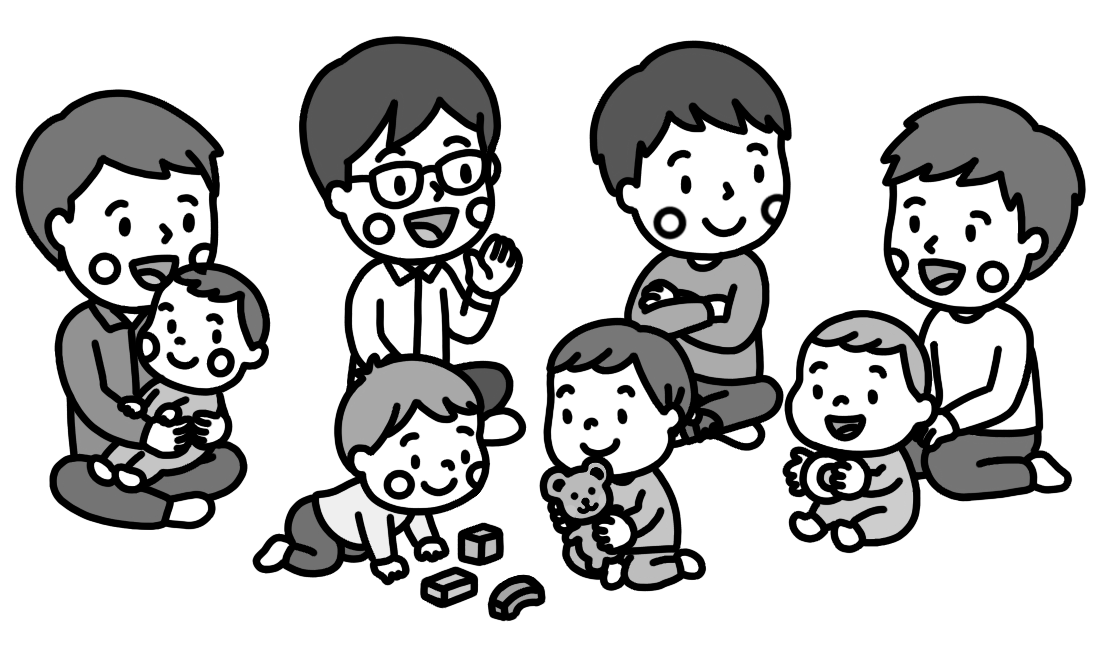4人の父親（親子）が輪になって話をするイラスト モノクロ